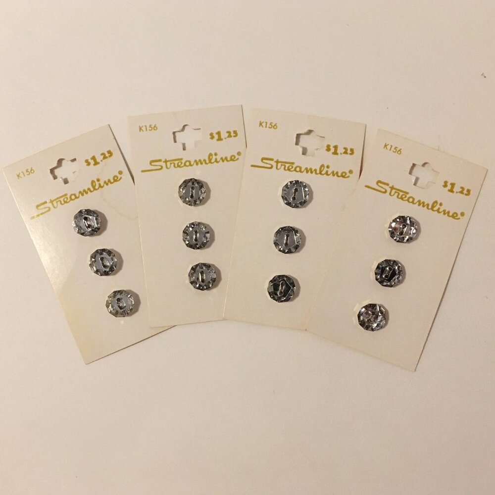 Vintage Streamline Buttons Faceted Crystal Silver Set Of 12 On Cards Size 1/2"